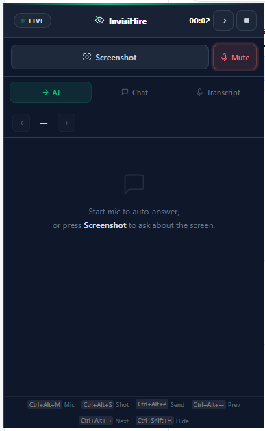 Desktop overlay — active session with AI/Chat/Transcript tabs
