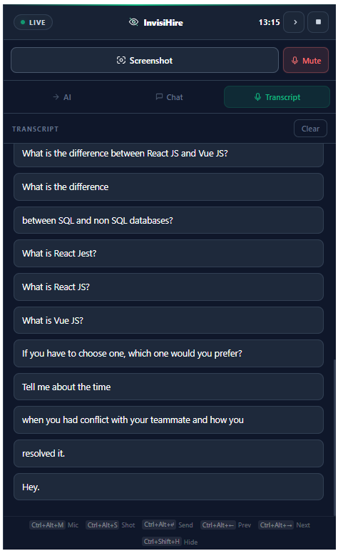 Desktop overlay — Transcript tab with live speech text