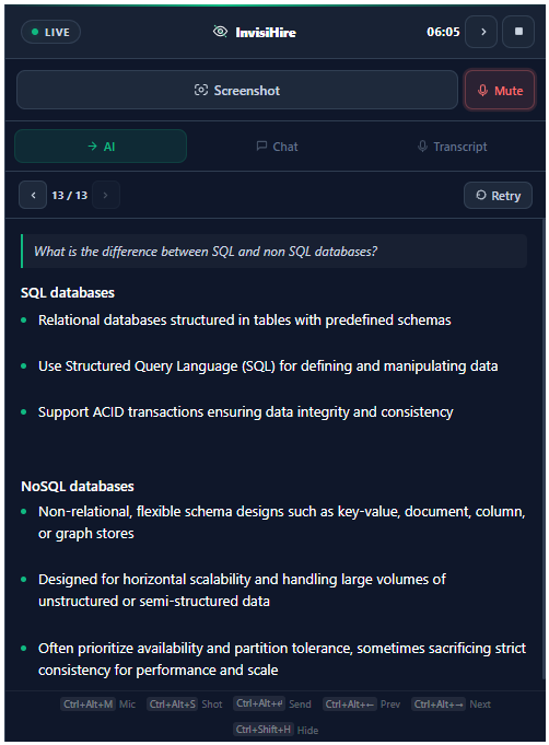 Desktop overlay — AI tab with answer streaming in real time