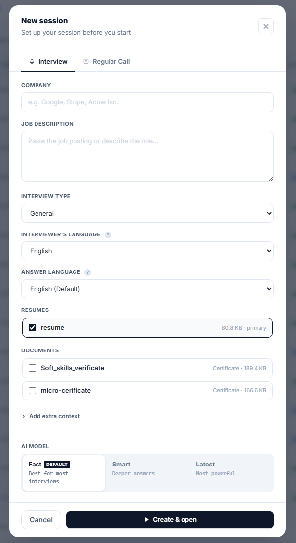 New Session modal with all fields