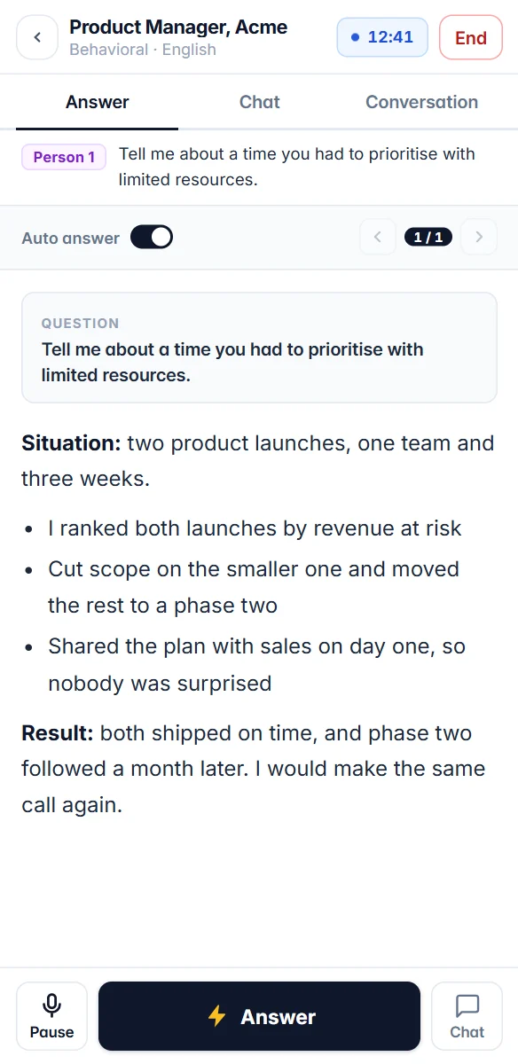 InvisiHire on a phone, showing a suggested answer to an interview question
