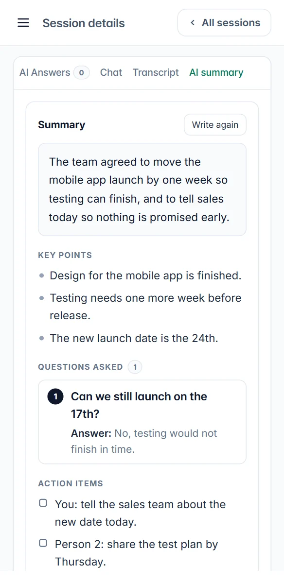 A meeting summary on a phone, with key points, questions and action items