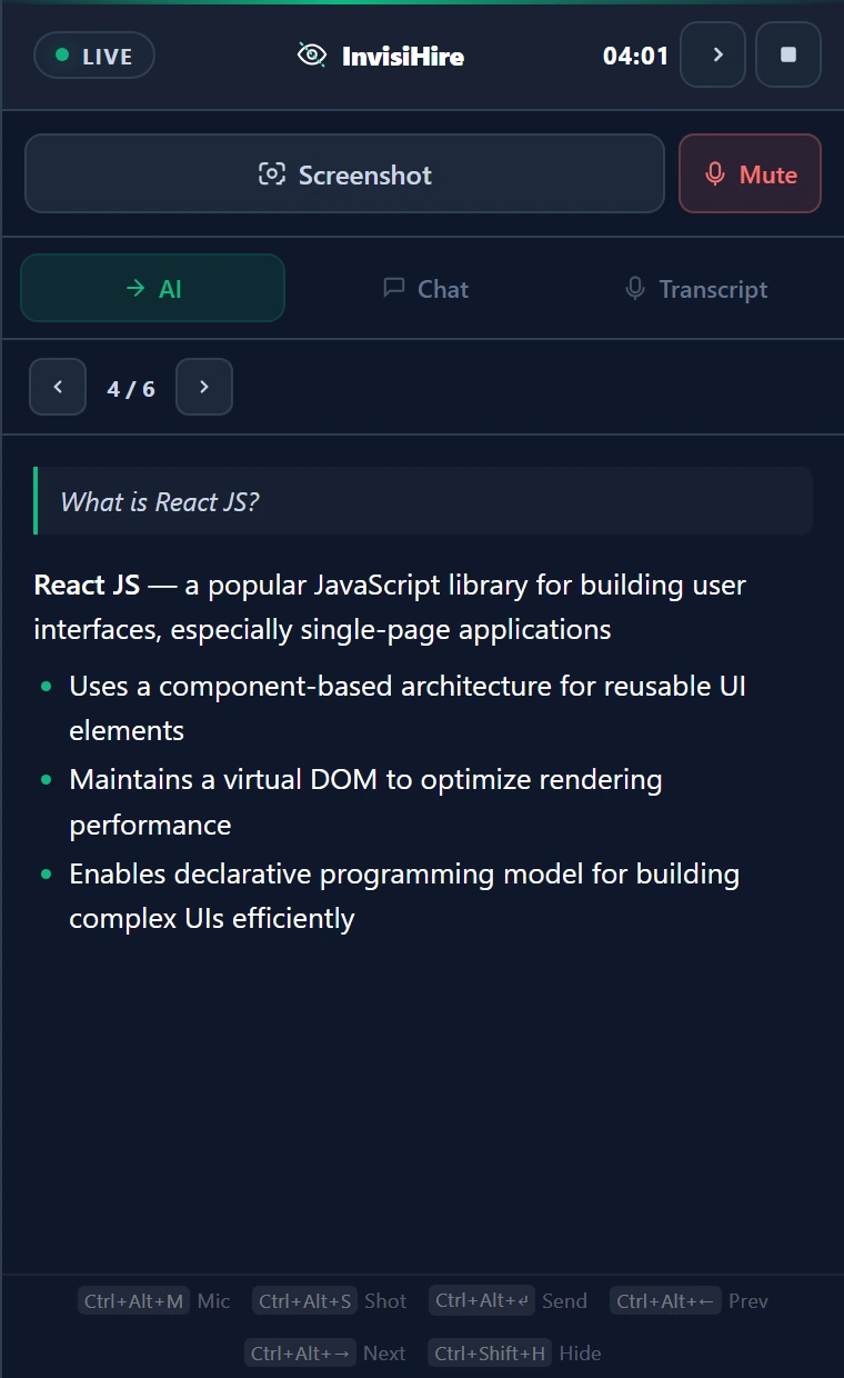 Actual InvisiHire desktop assistant answering What is React JS with structured talking points.