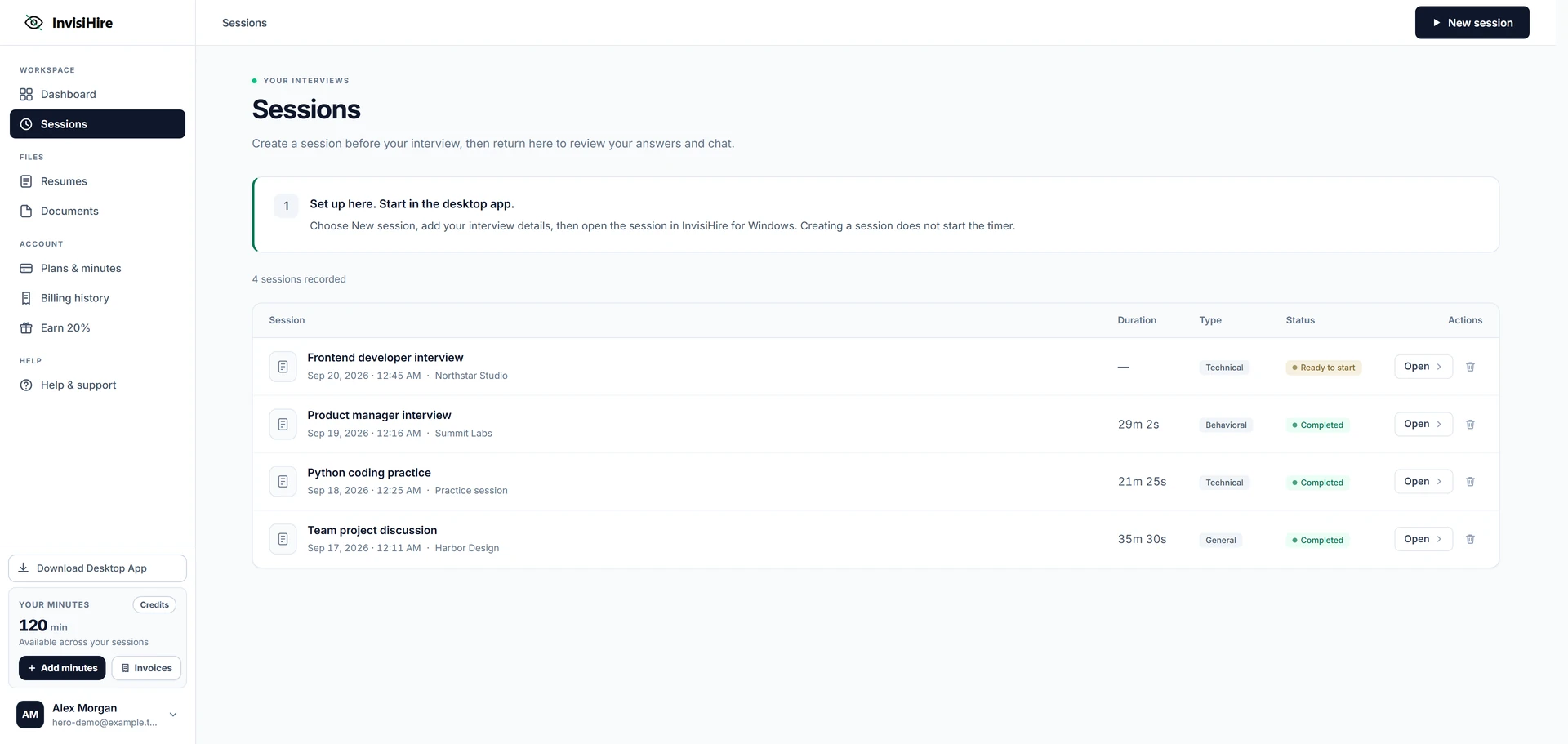 InvisiHire Sessions page with example interview records.