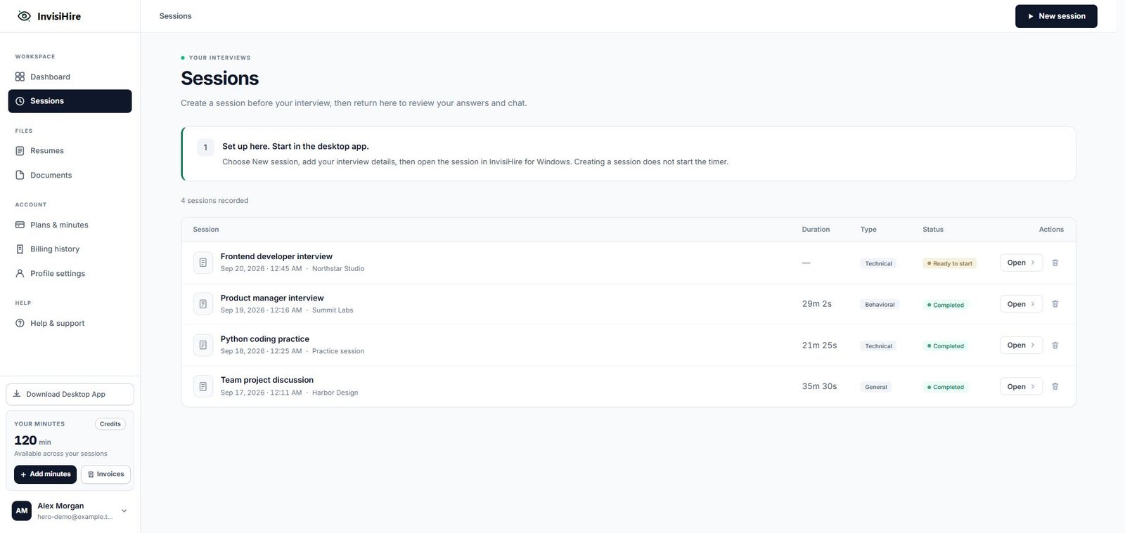 Your InvisiHire sessions list in the browser with the desktop assistant open over it, answering an interview question with structured talking points.