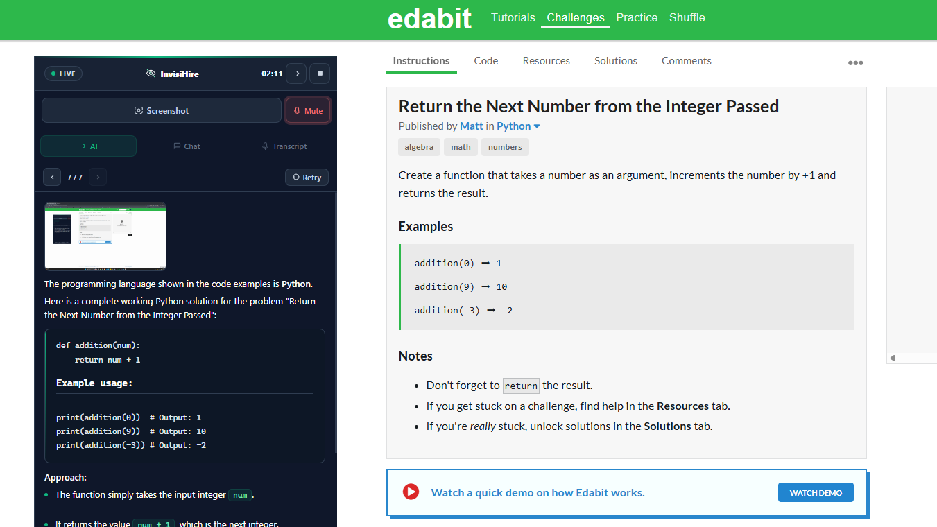 InvisiHire screenshot mode solving a Python coding challenge