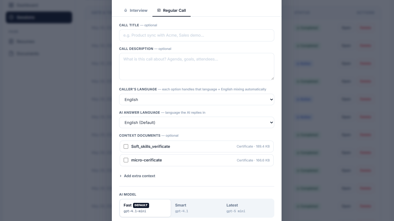 InvisiHire web dashboard new session setup form